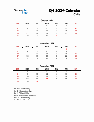 Chile Quarter 4  2024 calendar template