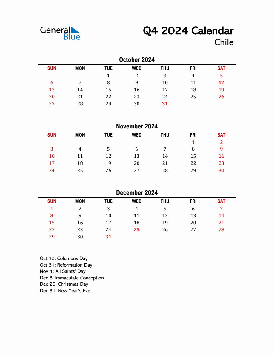 2024 Q4 Calendar with Holidays List for Chile