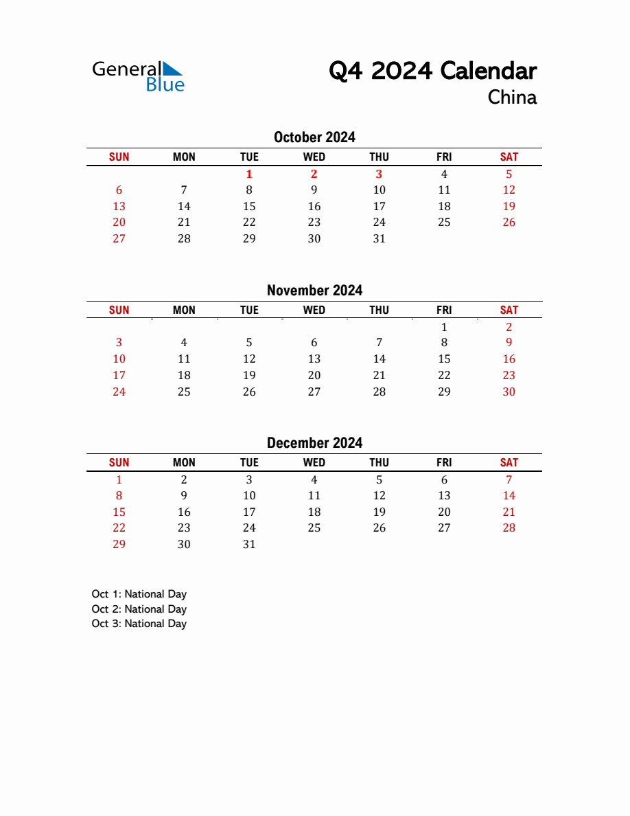 2024 Q4 Calendar with Holidays List for China