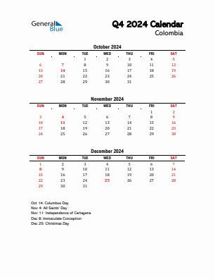 Colombia Quarter 4  2024 calendar template