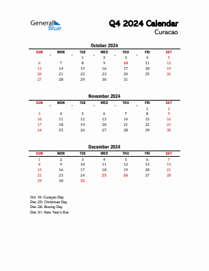 Curacao Quarter 4  2024 calendar template