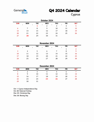 Cyprus Quarter 4  2024 calendar template