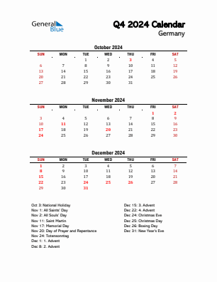 Germany Quarter 4  2024 calendar template