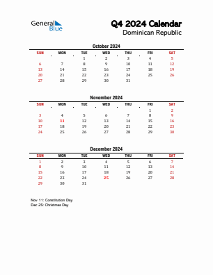 Dominican Republic Quarter 4  2024 calendar template