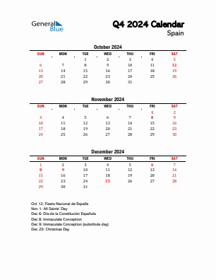 Spain Quarter 4  2024 calendar template