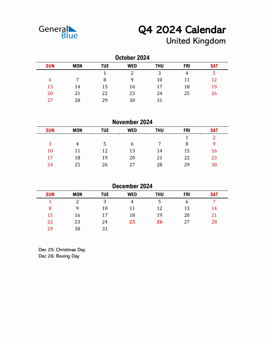 2024 Q4 Calendar with Holidays List for United Kingdom