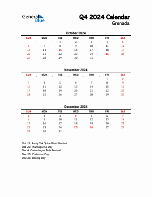 Grenada Quarter 4  2024 calendar template