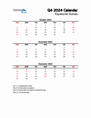 Equatorial Guinea Quarter 4  2024 calendar template