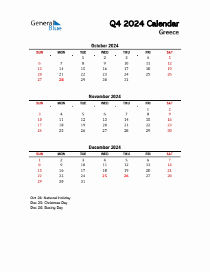 Greece Quarter 4  2024 calendar template