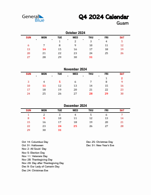 Guam Quarter 4  2024 calendar template