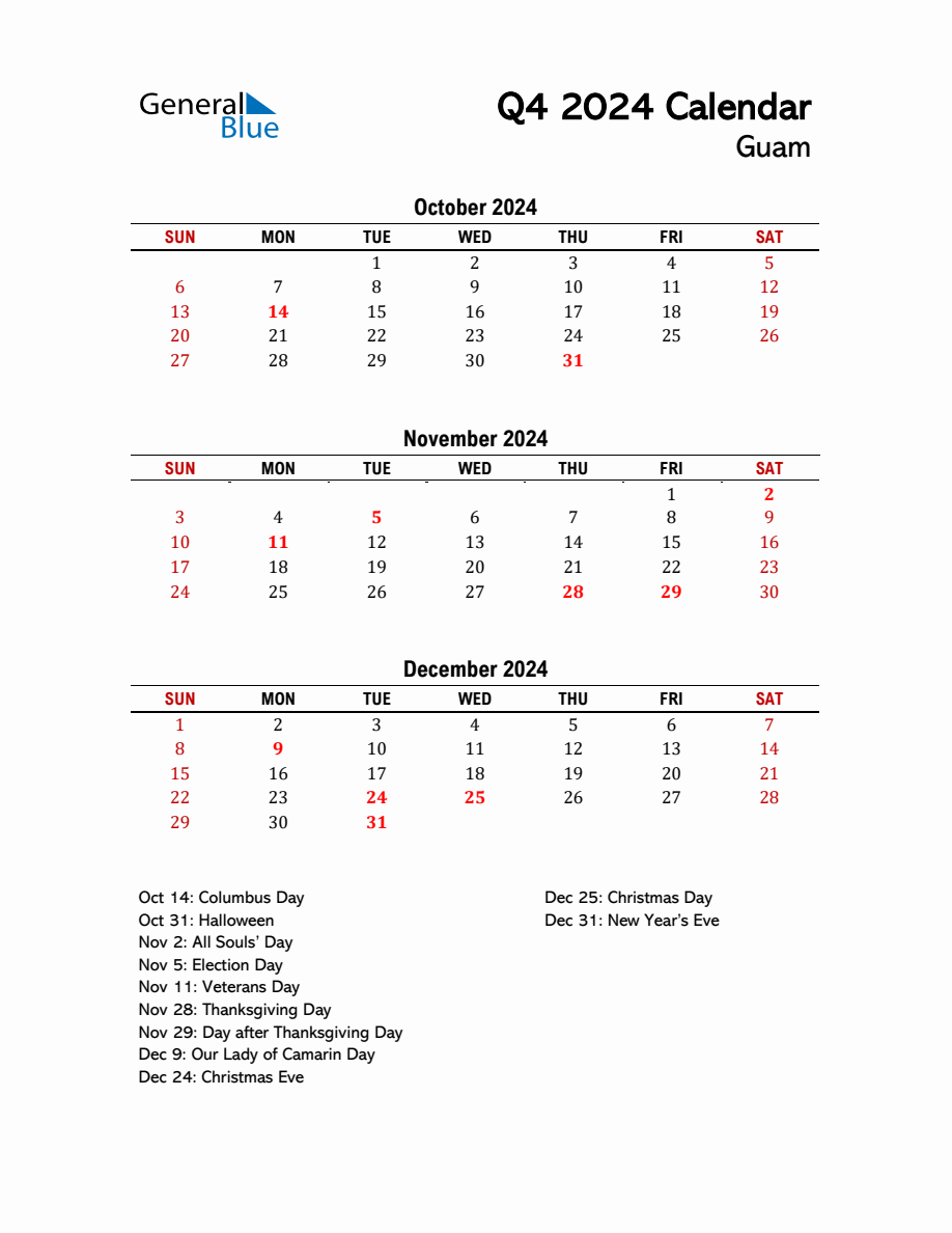 2024 Q4 Calendar with Holidays List for Guam