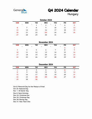 Hungary Quarter 4  2024 calendar template