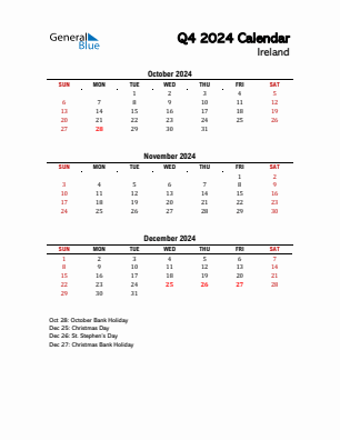 Ireland Quarter 4  2024 calendar template