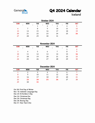Iceland Quarter 4  2024 calendar template