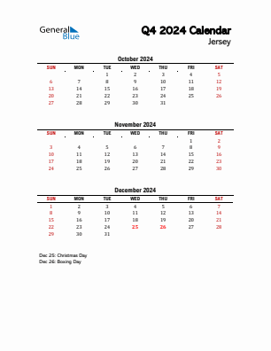 Jersey Quarter 4  2024 calendar template