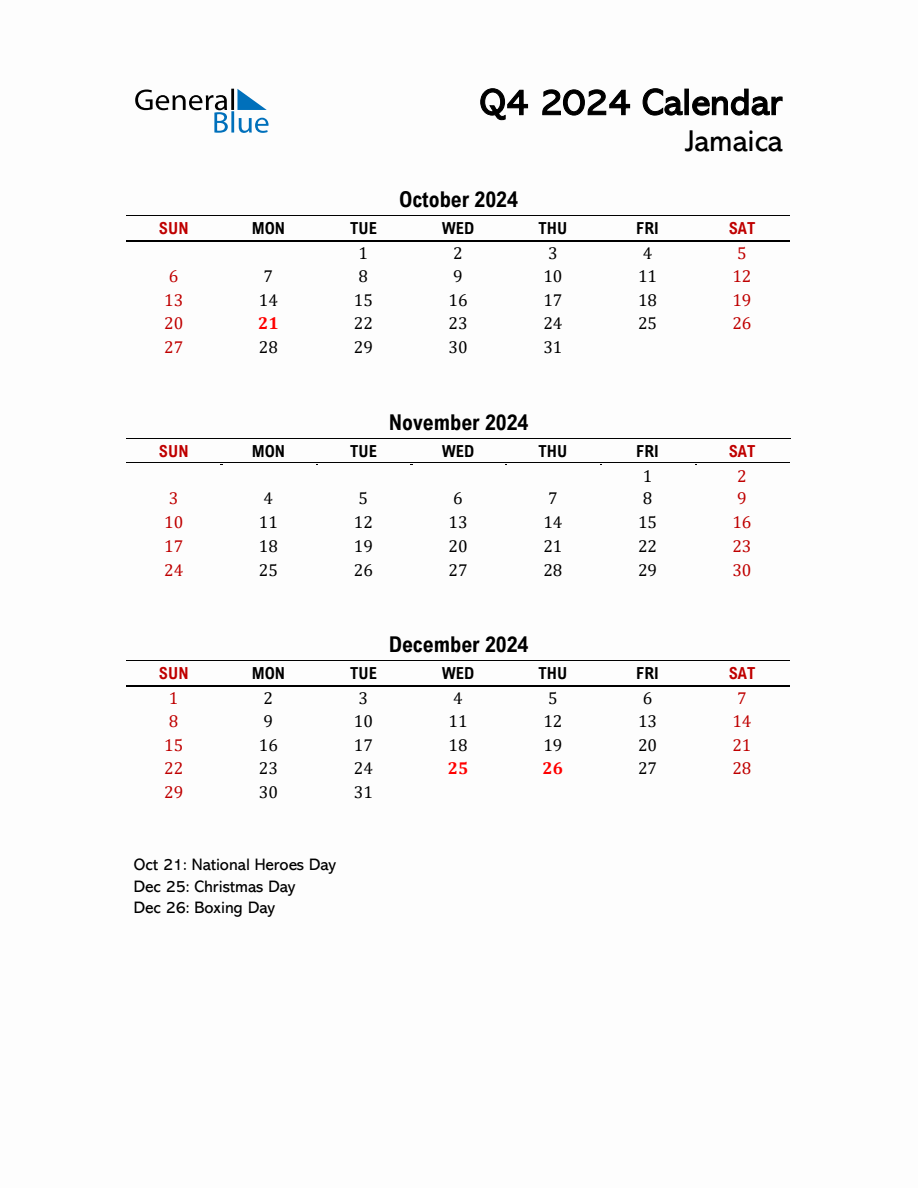 2024 Q4 Calendar with Holidays List for Jamaica