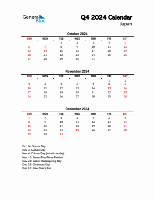 Japan Quarter 4  2024 calendar template