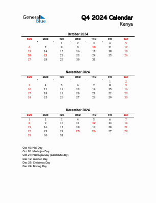 Kenya Quarter 4  2024 calendar template