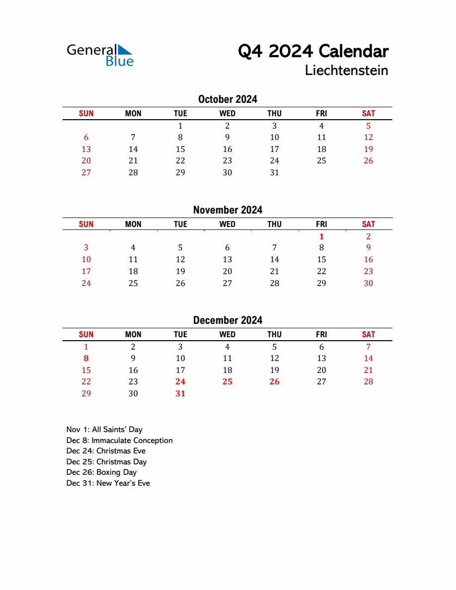 2024 Q4 Calendar with Holidays List for Liechtenstein