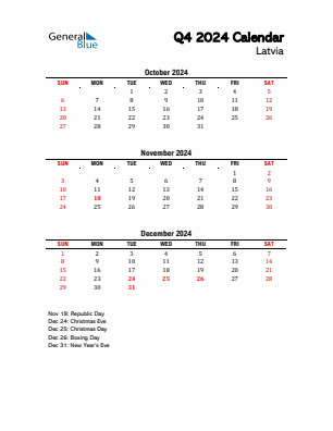 Latvia Quarter 4  2024 calendar template