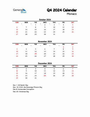 Monaco Quarter 4  2024 calendar template