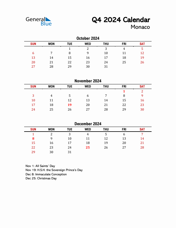 2024 Q4 Calendar with Holidays List for Monaco