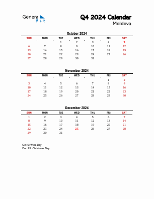 Moldova Quarter 4  2024 calendar template