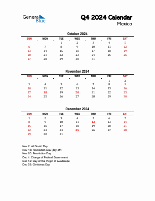 Mexico Quarter 4  2024 calendar template