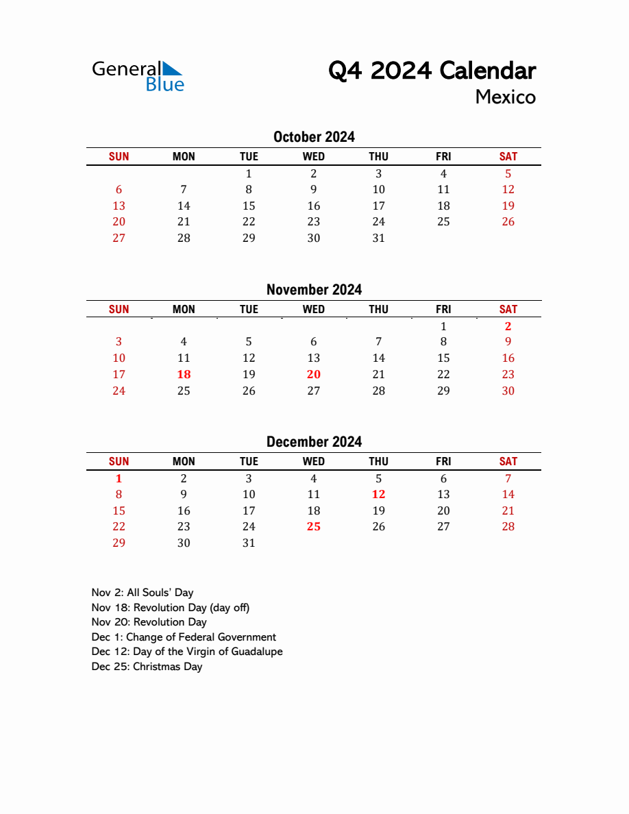 2024 Q4 Calendar with Holidays List for Mexico