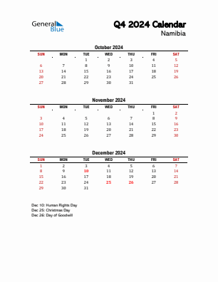 Namibia Quarter 4  2024 calendar template