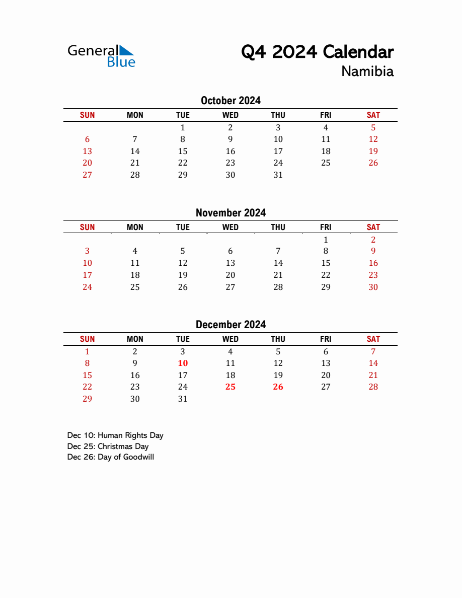 2024 Q4 Calendar with Holidays List for Namibia
