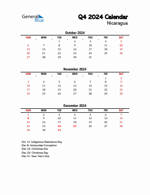 Nicaragua Quarter 4  2024 calendar template