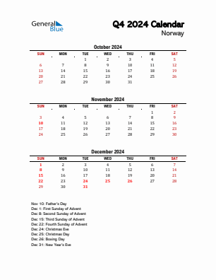 Norway Quarter 4  2024 calendar template