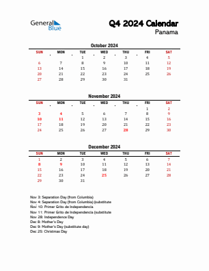 Panama Quarter 4  2024 calendar template