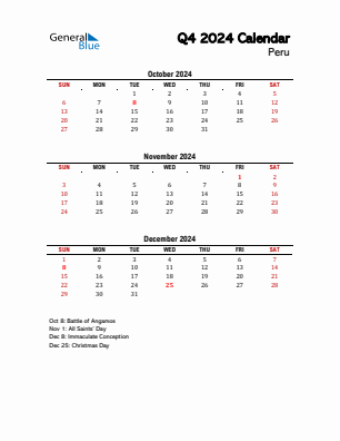 Peru Quarter 4  2024 calendar template