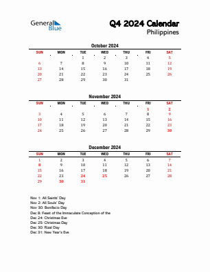 Philippines Quarter 4  2024 calendar template