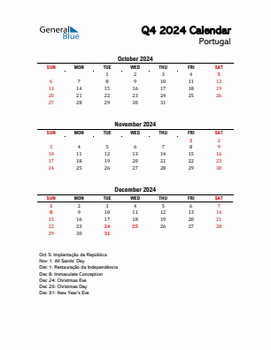 Portugal Quarter 4  2024 calendar template