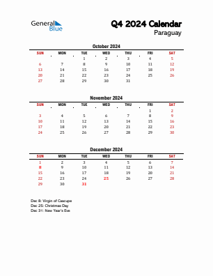 Paraguay Quarter 4  2024 calendar template