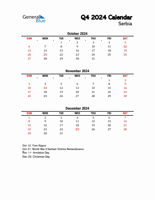 Serbia Quarter 4  2024 calendar template