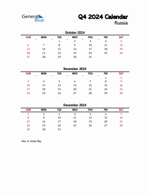 Russia Quarter 4  2024 calendar template