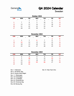 Sweden Quarter 4  2024 calendar template
