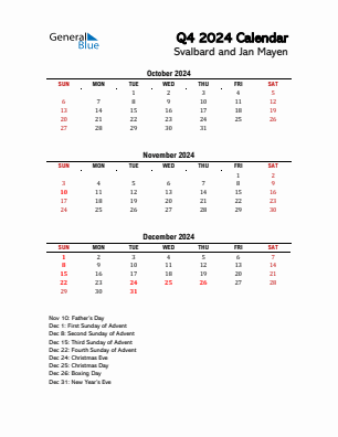 Svalbard and Jan Mayen Quarter 4  2024 calendar template