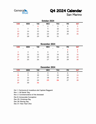 San Marino Quarter 4  2024 calendar template