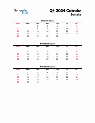 Somalia Quarter 4  2024 calendar template