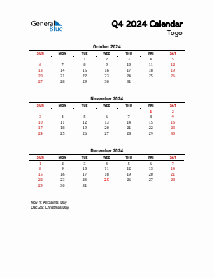 Togo Quarter 4  2024 calendar template