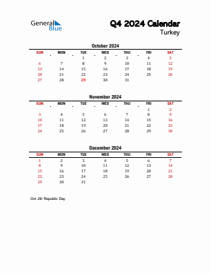 Turkey Quarter 4  2024 calendar template