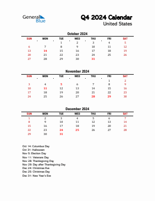 United States Quarter 4  2024 calendar template