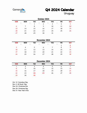 Uruguay Quarter 4  2024 calendar template