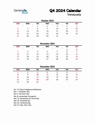 Venezuela Quarter 4  2024 calendar template