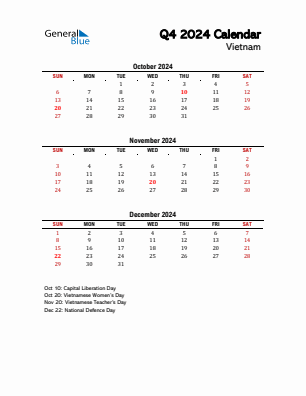 Vietnam Quarter 4  2024 calendar template